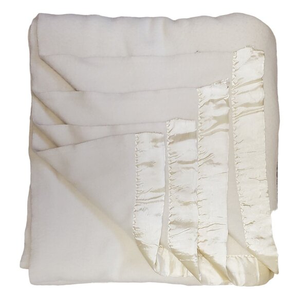 Vintage 100% Acrylic Blanket Full Double Satin Trim 85" x 87" White Ivory Soft - Picture 1 of 8